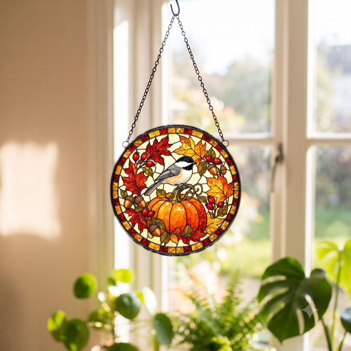 Harvest Chickadee Pumpkin Stained Glass Style Suncatcher Hanging
