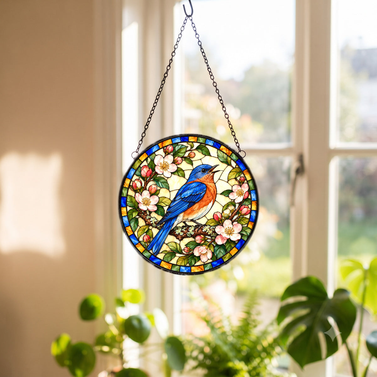 Songbird in the Orchard Glass Suncatcher Window Hanging Ornament