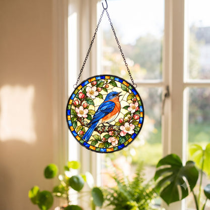 Songbird in the Orchard Glass Suncatcher Window Hanging Ornament