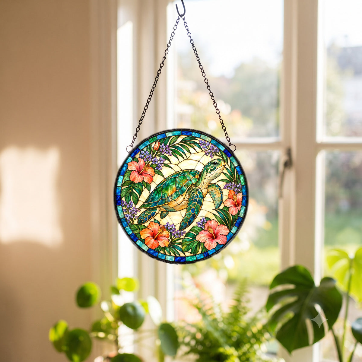Sea Turtle Coastal Stained Glass Suncatcher Window Hanging Ornament