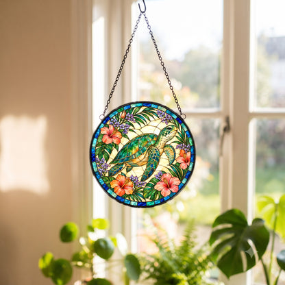 Sea Turtle Coastal Stained Glass Suncatcher Window Hanging Ornament
