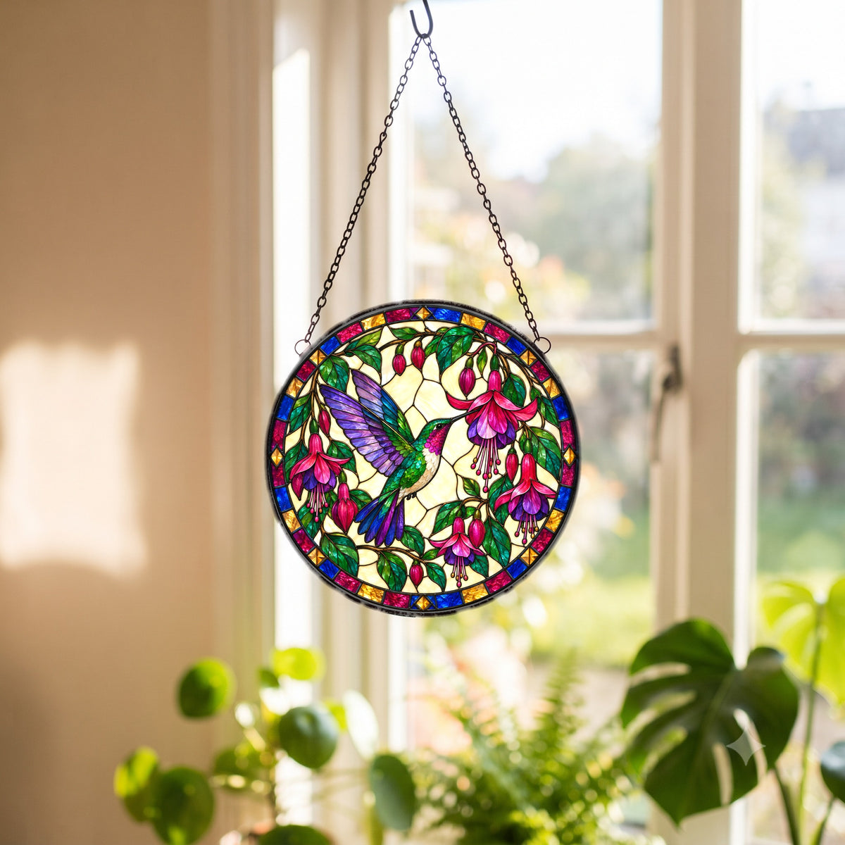 Jewel Fuchsia Hummingbird Glass Suncatcher Window Ornament