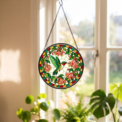 Honeysuckle Flight Hummingbird Suncatcher, Glass Window Ornament Decor