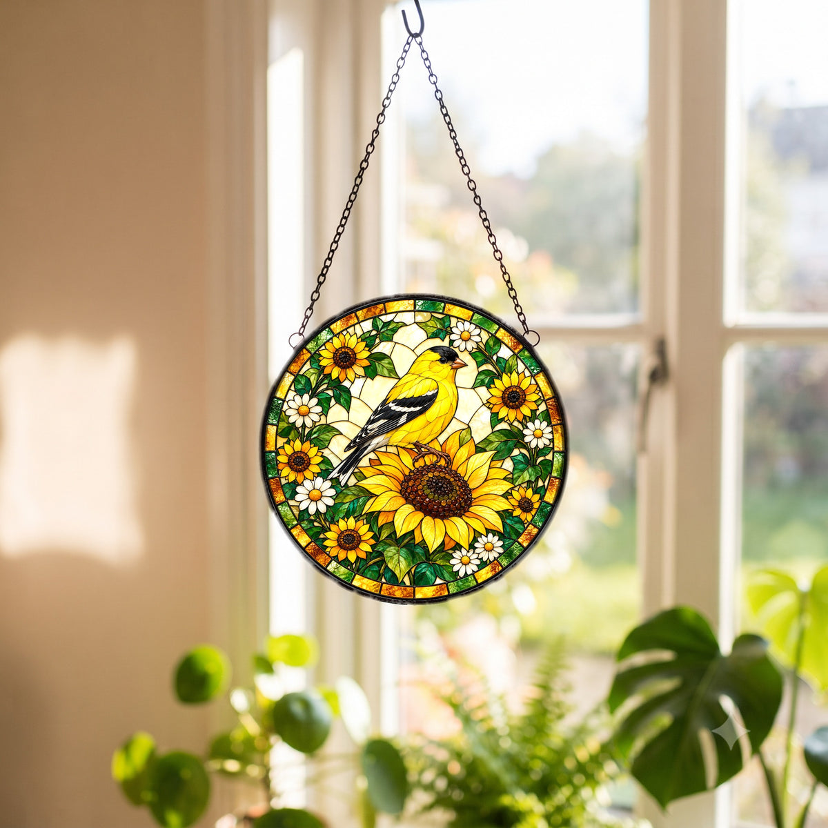 Sunflower Goldfinch Stained Glass Suncatcher Window Hanging Ornament