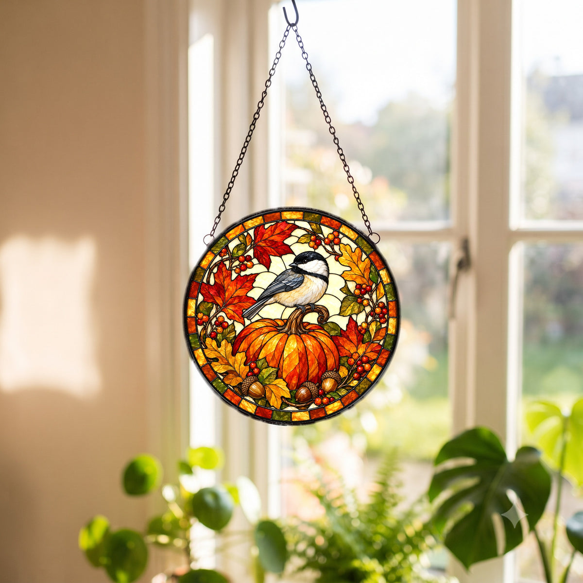 Autumn Chickadee Pumpkin Suncatcher, Fall Bird Glass Window Ornament