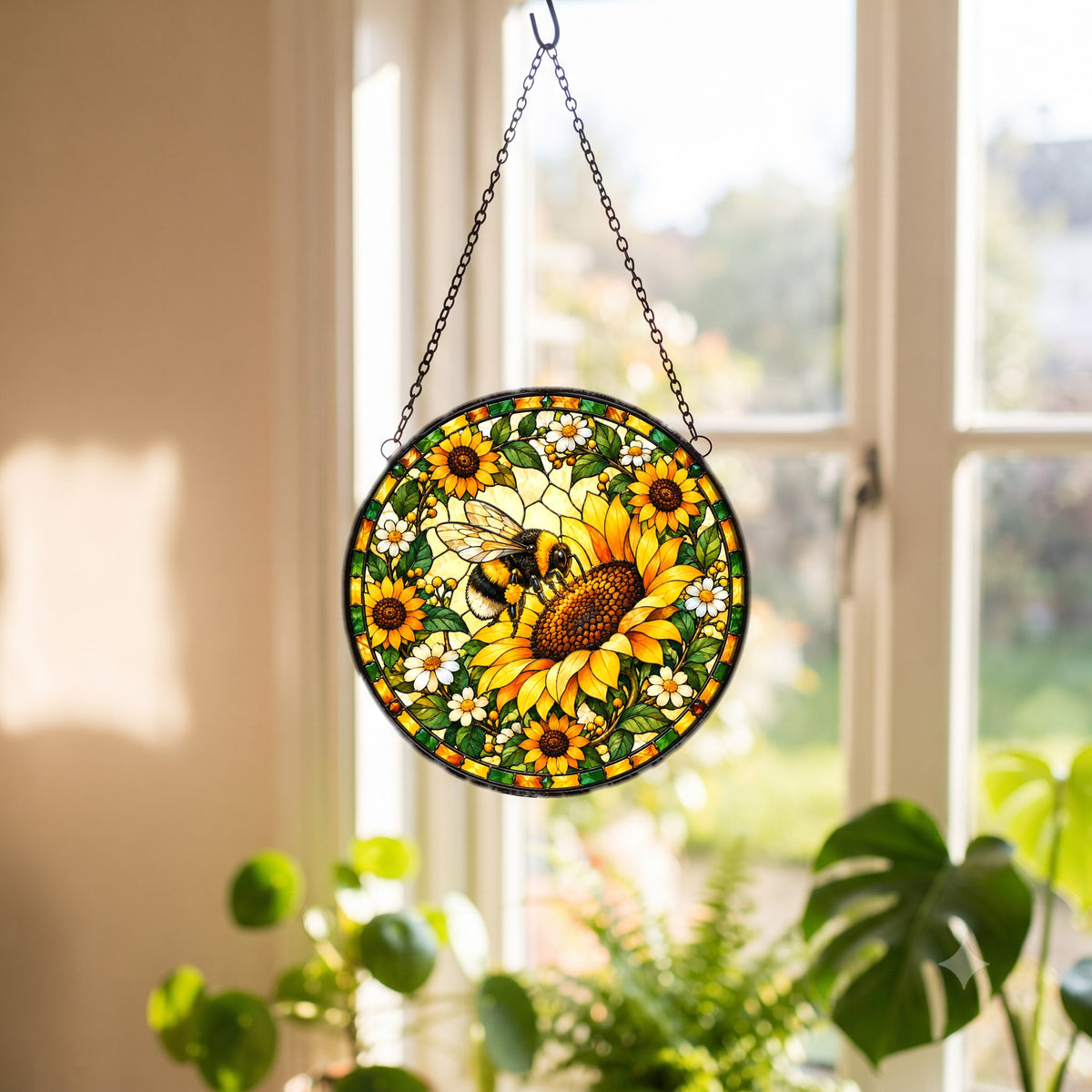 Sunflower Bumblebee Stained Glass Suncatcher Window Hanging Ornament