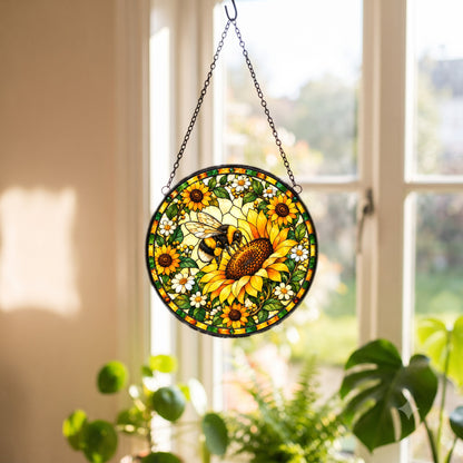 Sunflower Bumblebee Stained Glass Suncatcher Window Hanging Ornament