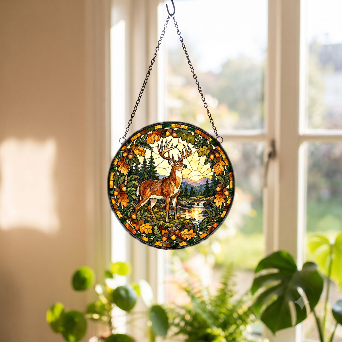 Golden Dawn Woodland Stag Suncatcher, Forest Wildlife Glass Ornament