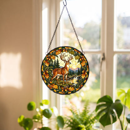Golden Dawn Woodland Stag Suncatcher, Forest Wildlife Glass Ornament