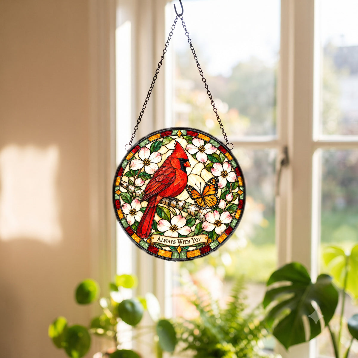 Cardinal and Butterfly Memorial Glass Suncatcher Window Ornament
