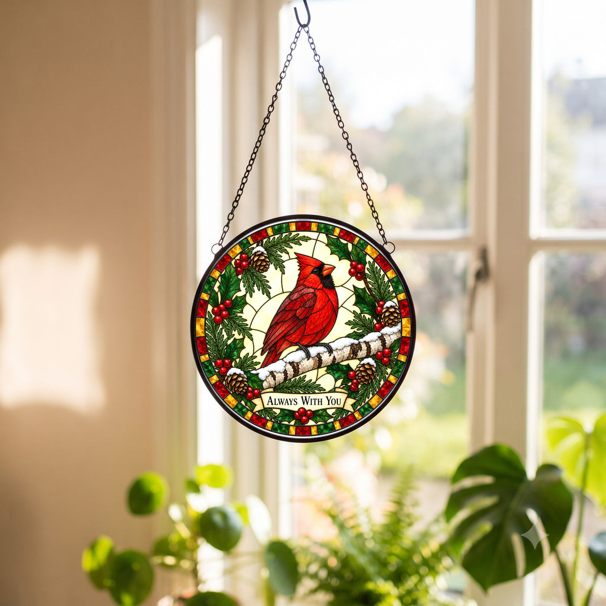 Winter Cardinal Suncatcher Ornament, Always With You Memorial Glass Art