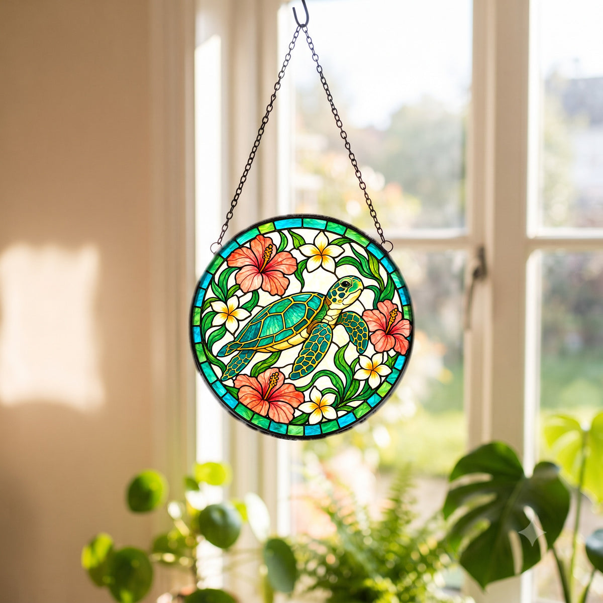 Gliding Sea Turtle Stained Glass Style Suncatcher Window Hanging