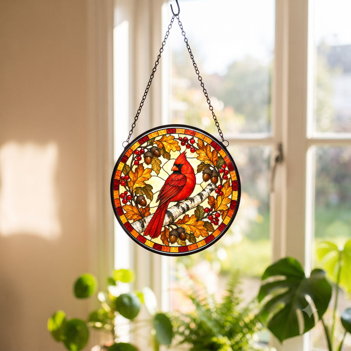 Autumn Birch Cardinal Glow Suncatcher, Memorial Bird Hanging Ornament