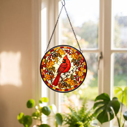 Autumn Birch Cardinal Glow Suncatcher, Memorial Bird Hanging Ornament