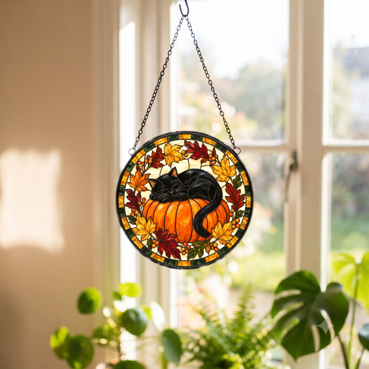 Autumn Slumber Black Cat Suncatcher, Fall Pumpkin Window Ornament