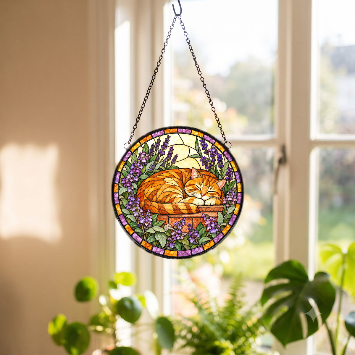 Catmint Reverie Tabby Suncatcher, Hanging Glass Window Ornament