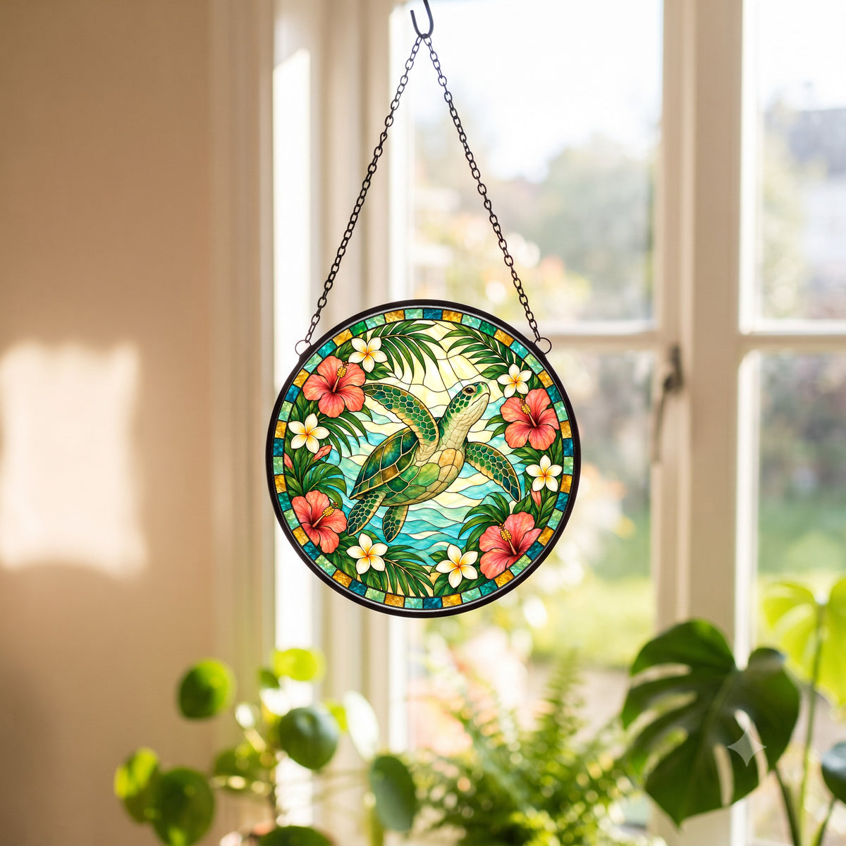 Sunlit Sea Turtle Suncatcher Hanging Glass Window Ornament