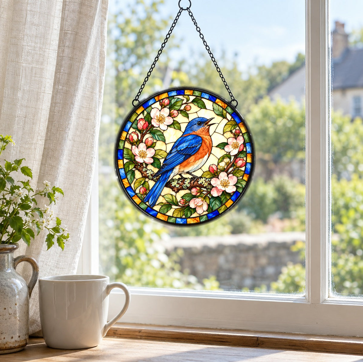 Songbird in the Orchard Glass Suncatcher Window Hanging Ornament