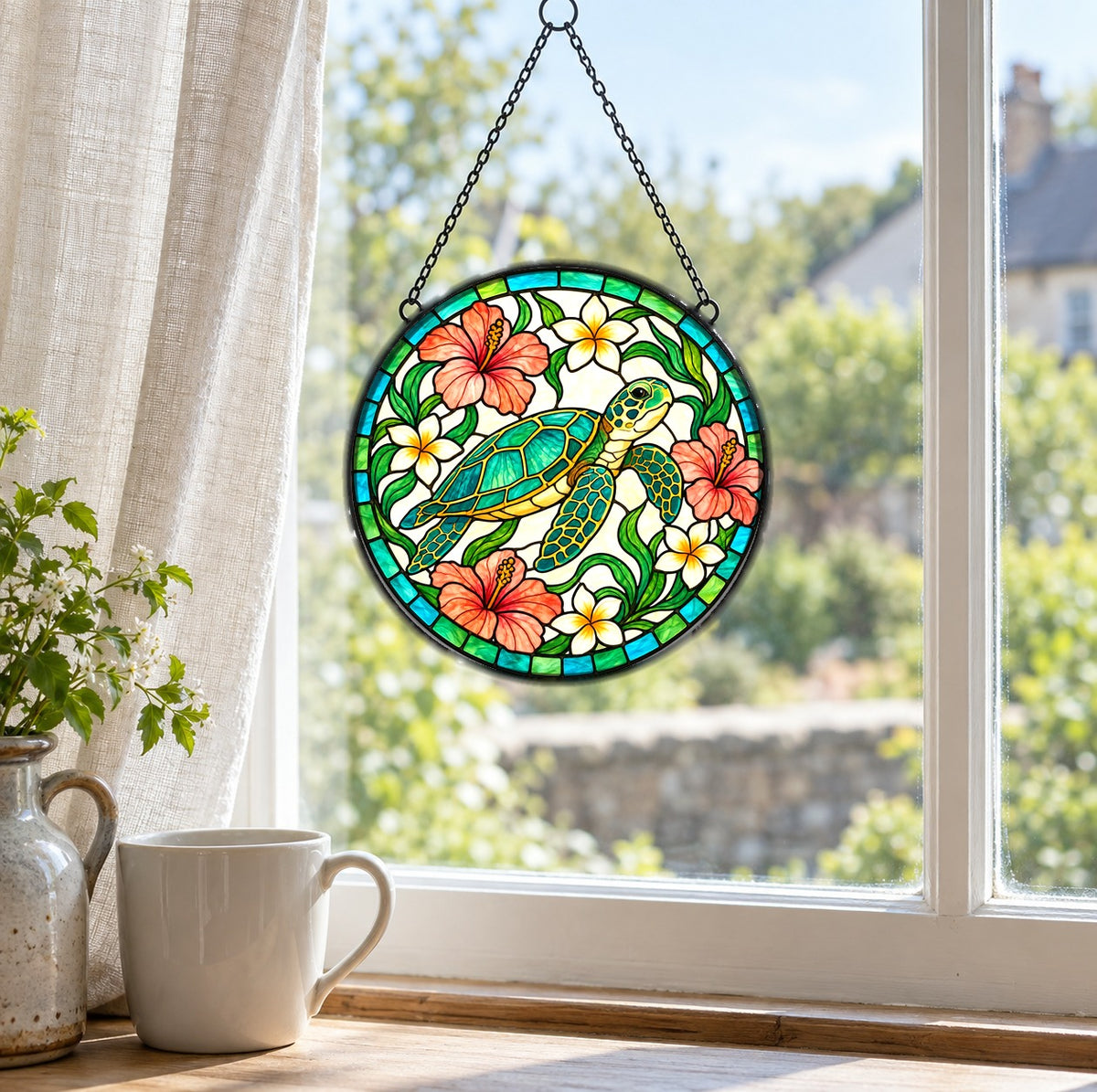 Gliding Sea Turtle Stained Glass Style Suncatcher Window Hanging