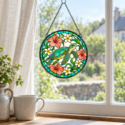 Gliding Sea Turtle Stained Glass Style Suncatcher Window Hanging