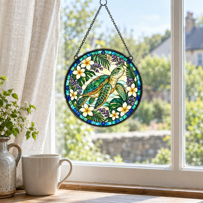 Sea Turtle Glass Suncatcher, Coastal Ocean Window Ornament