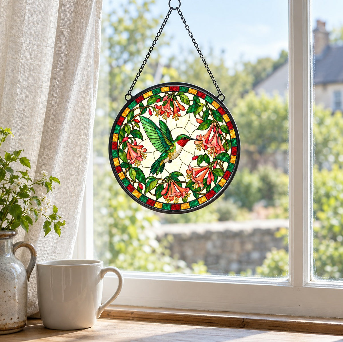 Honeysuckle Flight Hummingbird Suncatcher, Glass Window Ornament Decor