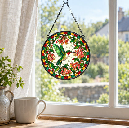 Honeysuckle Flight Hummingbird Suncatcher, Glass Window Ornament Decor