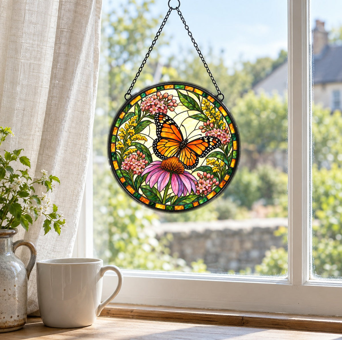 Sunlit Monarch Suncatcher, Glass Butterfly Window Ornament