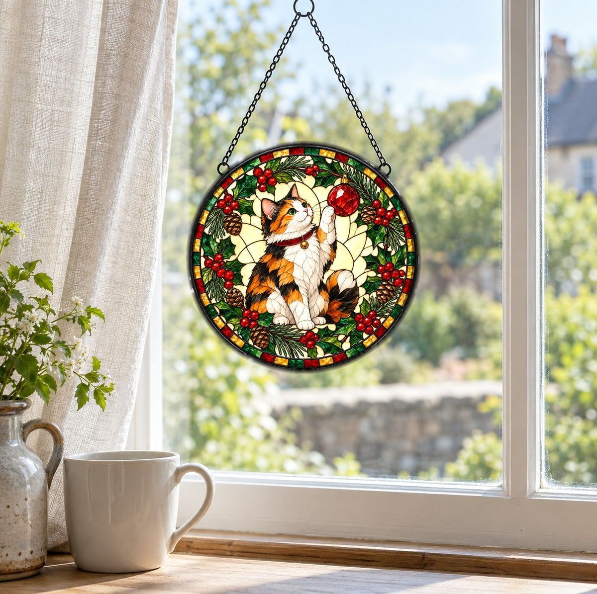 Festive Calico Cat Holiday Suncatcher Glass Ornament