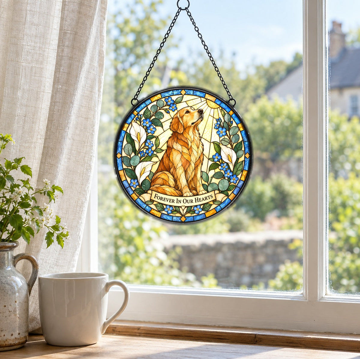 Golden Light Dog Memorial Glass Suncatcher Window Hanging Ornament
