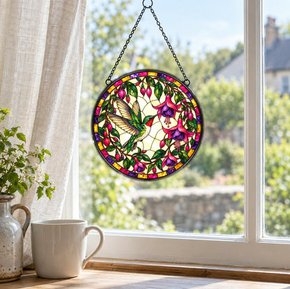 Fuchsia Hummingbird Glass Suncatcher Window Ornament