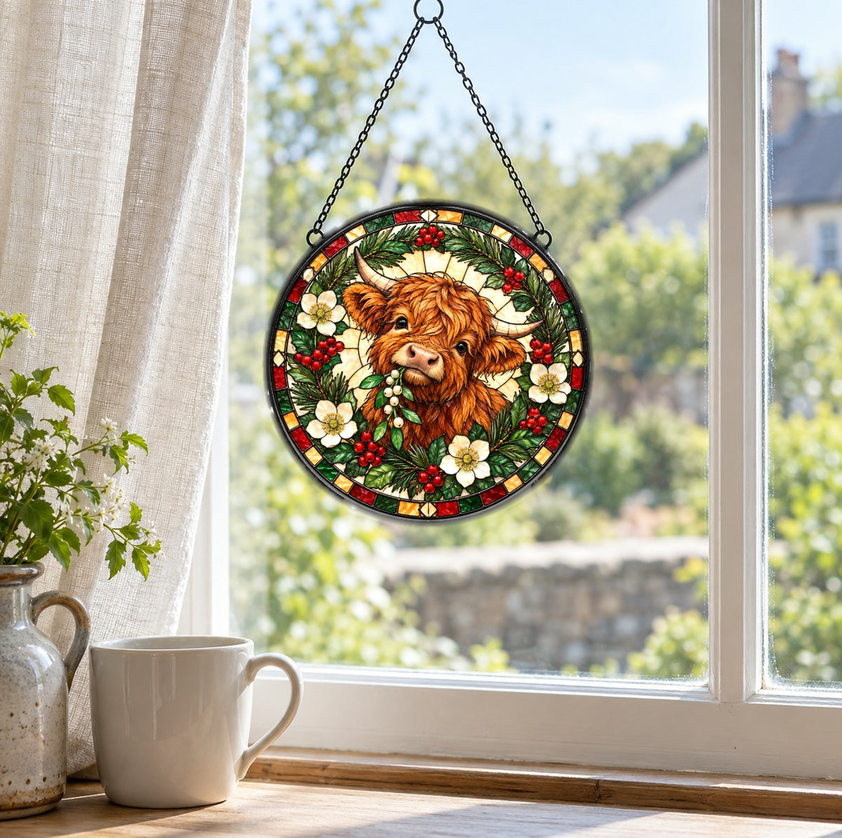 Winter Mistletoe Highland Calf Suncatcher