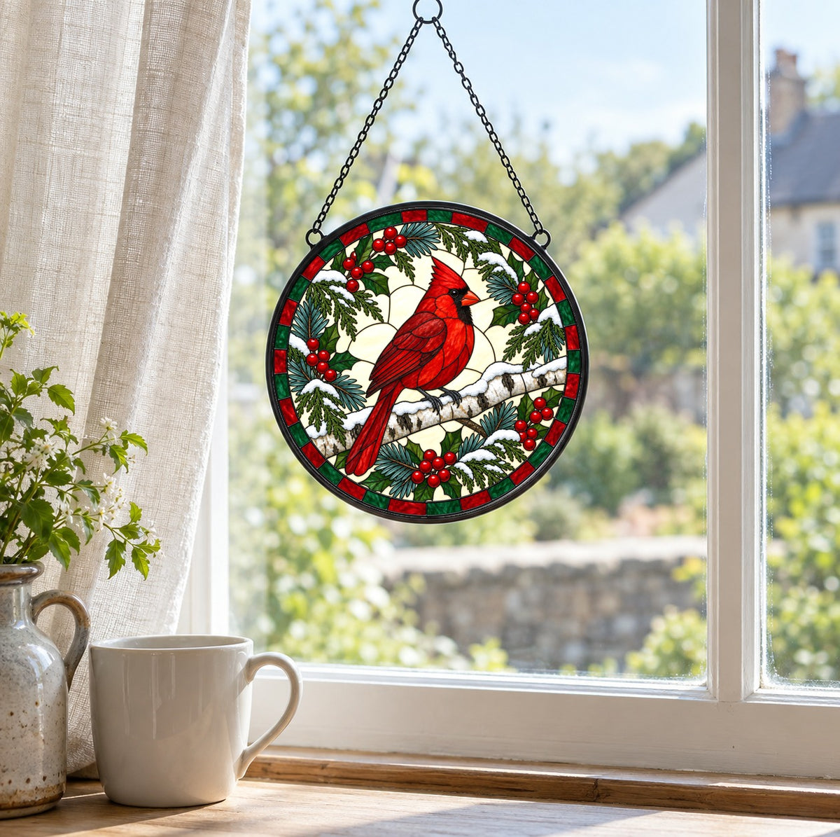 Winter Birch Cardinal Suncatcher, Hanging Glass Bird Ornament