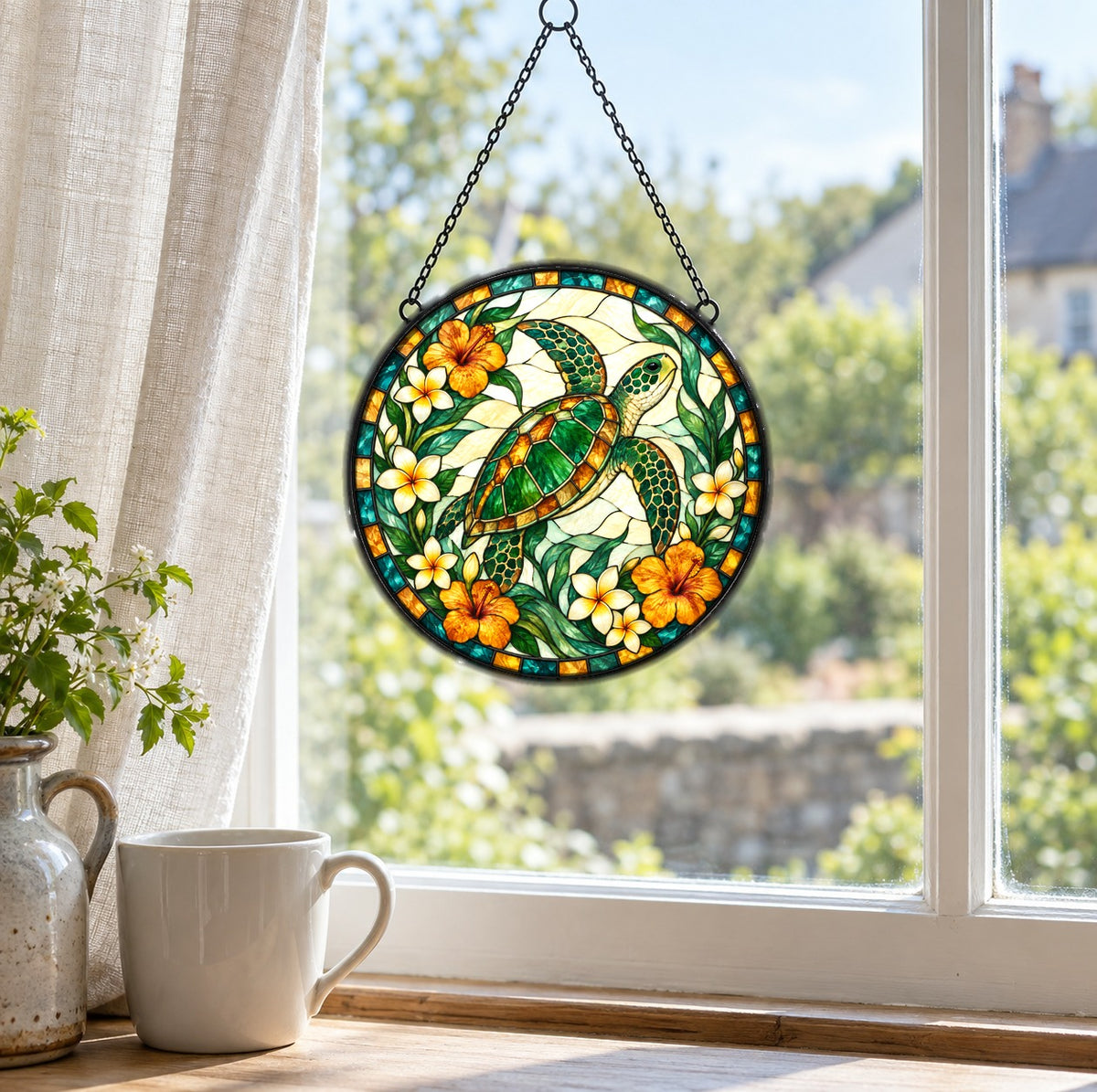 Sea Turtle Stained Glass Style Suncatcher, Window Hanging Ornament