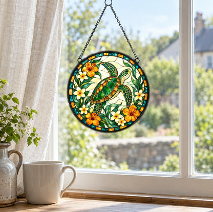 Sea Turtle Stained Glass Style Suncatcher, Window Hanging Ornament