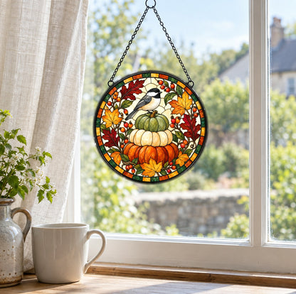 Autumn Songbird and Pumpkins Suncatcher Fall Window Hanging Ornament