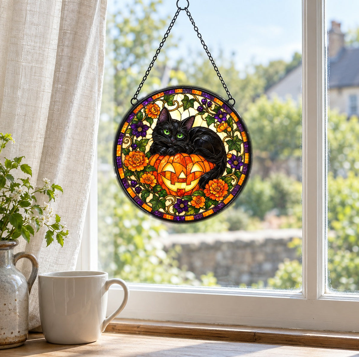 Black Cat and Pumpkin Stained Glass Style Suncatcher Hanging Ornament