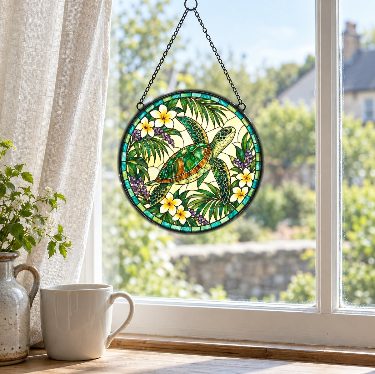 Serene Sea Turtle Stained Glass Style Suncatcher Window Ornament