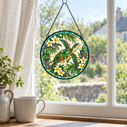 Serene Sea Turtle Stained Glass Style Suncatcher Window Ornament