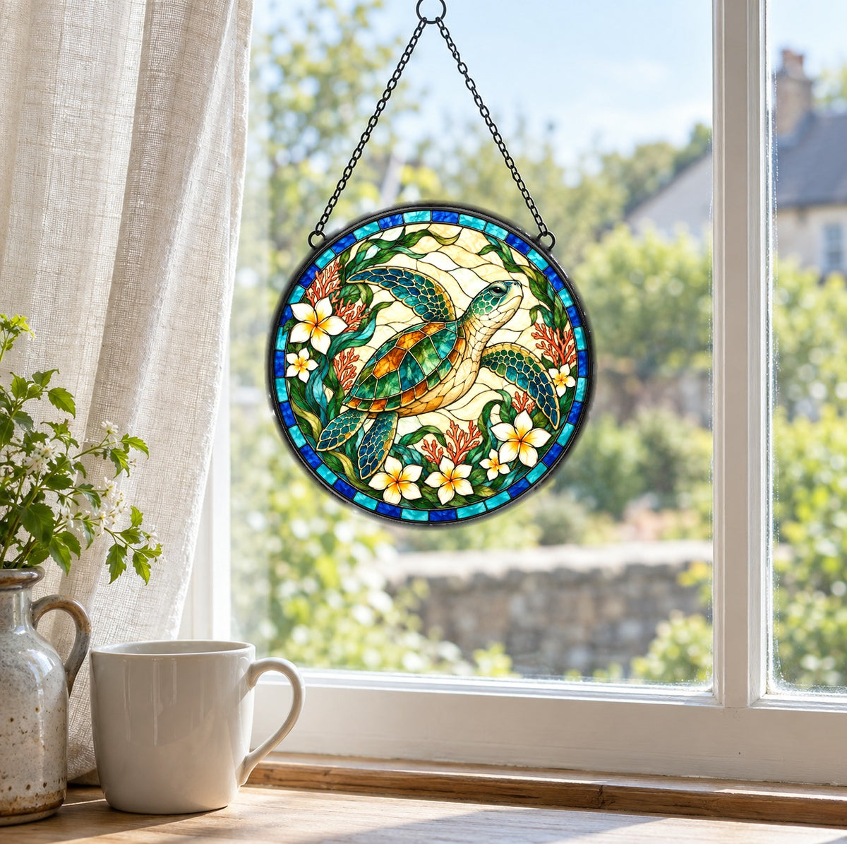 Sunlit Glide Sea Turtle Stained Glass Style Suncatcher Ornament