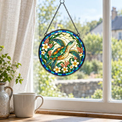 Sunlit Glide Sea Turtle Stained Glass Style Suncatcher Ornament