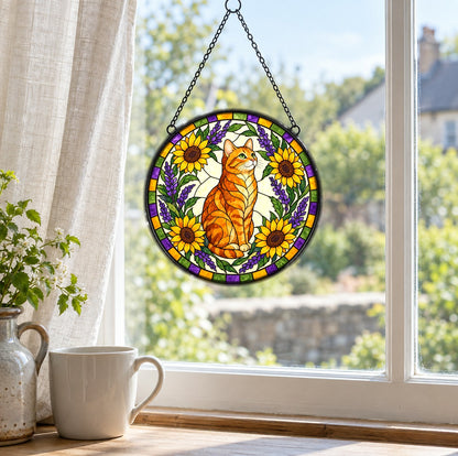 Sunlit Garden Tabby Suncatcher, Glass Cat Window Hanging Ornament