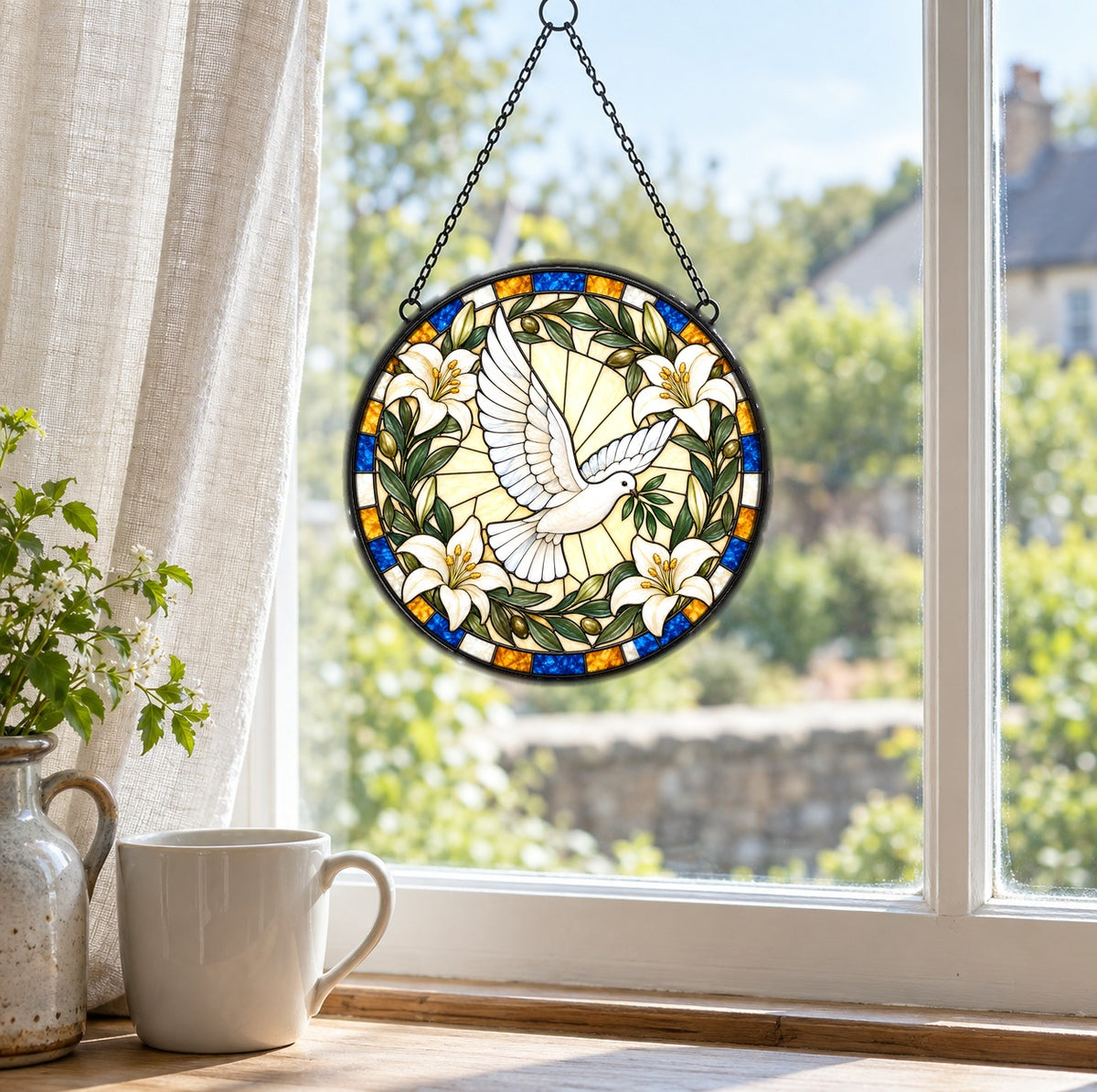 Grace and Peace Descending Dove Glass Suncatcher Hanging Ornament