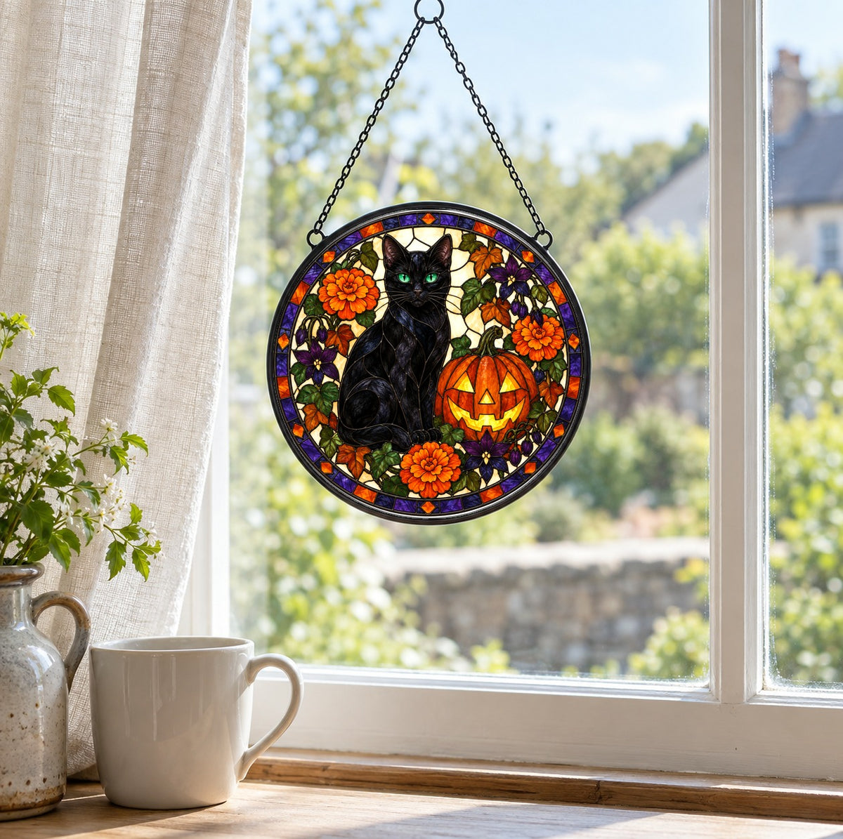 Halloween Black Cat and Pumpkin Stained Glass Suncatcher Window