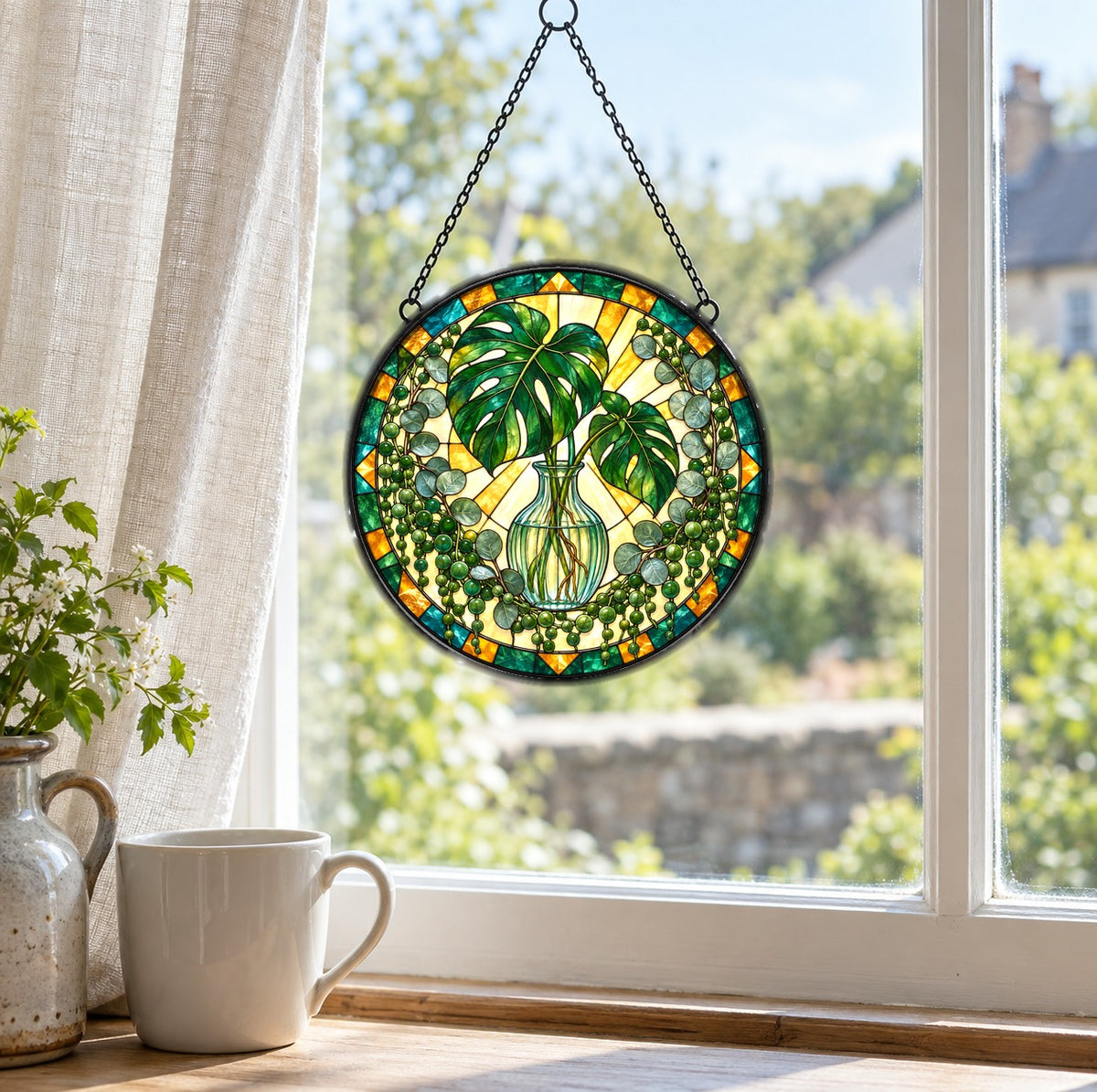 Mid-Century Botanical Sunburst Glass Suncatcher Window Ornament