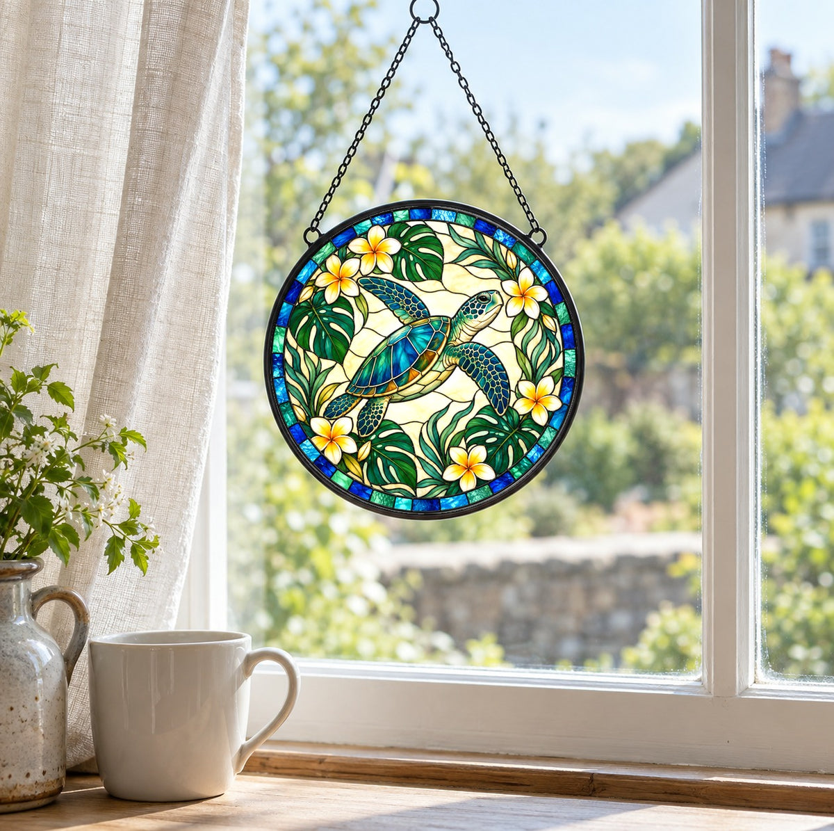 Sunlit Sea Turtle Stained Glass Suncatcher Window Hanging Ornament