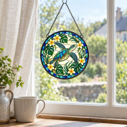 Sunlit Sea Turtle Stained Glass Suncatcher Window Hanging Ornament