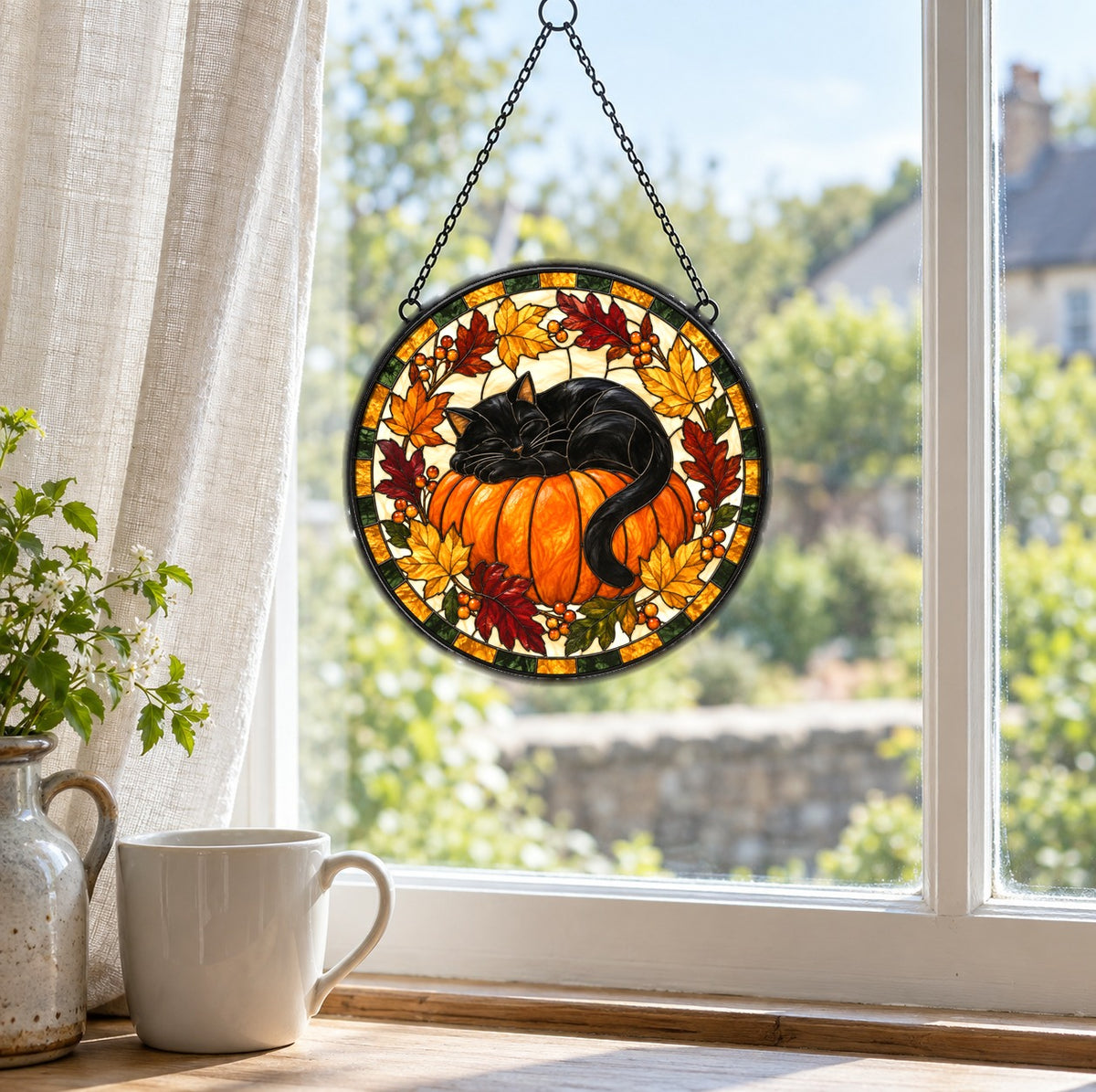 Autumn Slumber Black Cat Suncatcher, Fall Pumpkin Window Ornament