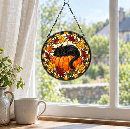 Autumn Slumber Black Cat Suncatcher, Fall Pumpkin Window Ornament