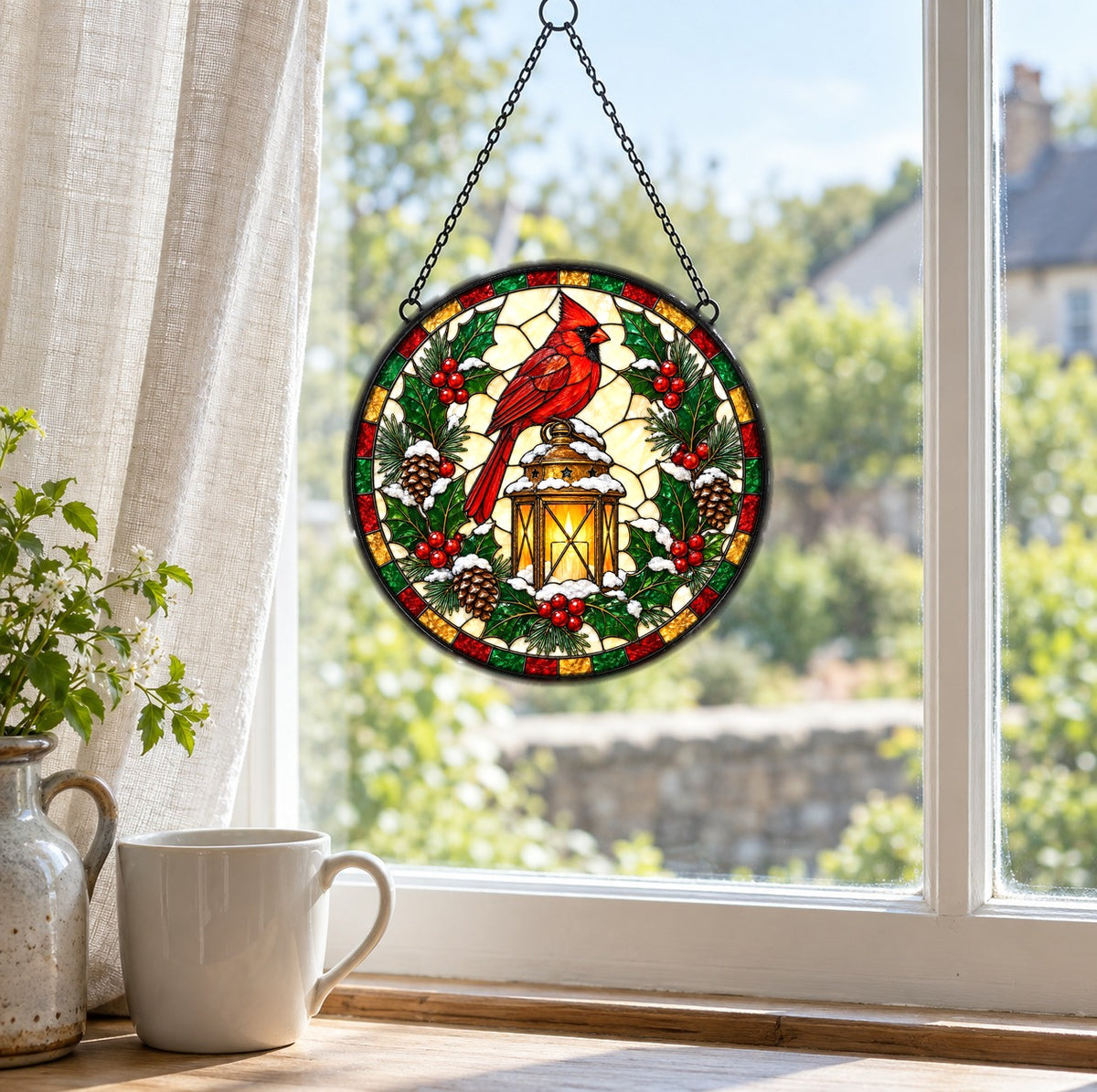 Winter Cardinal Glass Suncatcher Christmas Window Ornament